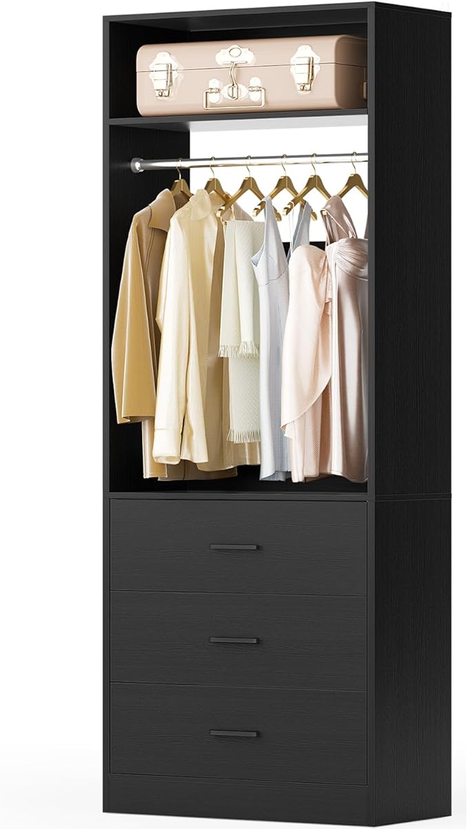 Freestanding 2FT Closet System with 3 Wood Drawers, 24" Closet Organizer System with Hanging Rod & Shelves, Walk-in Closet Systems for Small Closets, Black (24"L x 15" W x 80" H)
