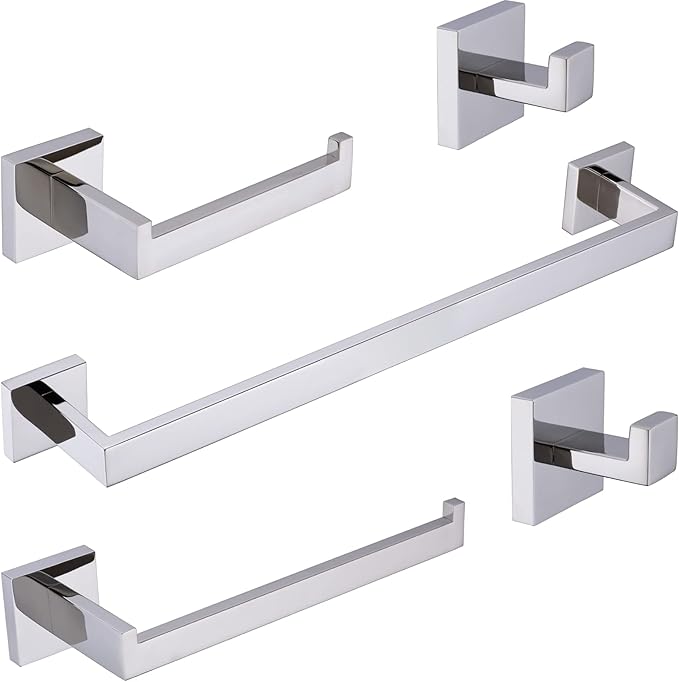 TRUSTMI 5-Piece Bathroom Hardware Accessory Set Robe Hook Towel Bar Toilet Roll Paper Holder Towel Ring Wall Mounted, SUS 304 Stainless Steel, Chrome