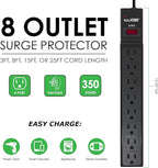 Digital Energy 8 Outlet Surge Protector Power Strip - 15 AMP, 1875 W, 125 V, 350 J Surge Protection, ETL Listed - Flat Plug, Black, 3 FT