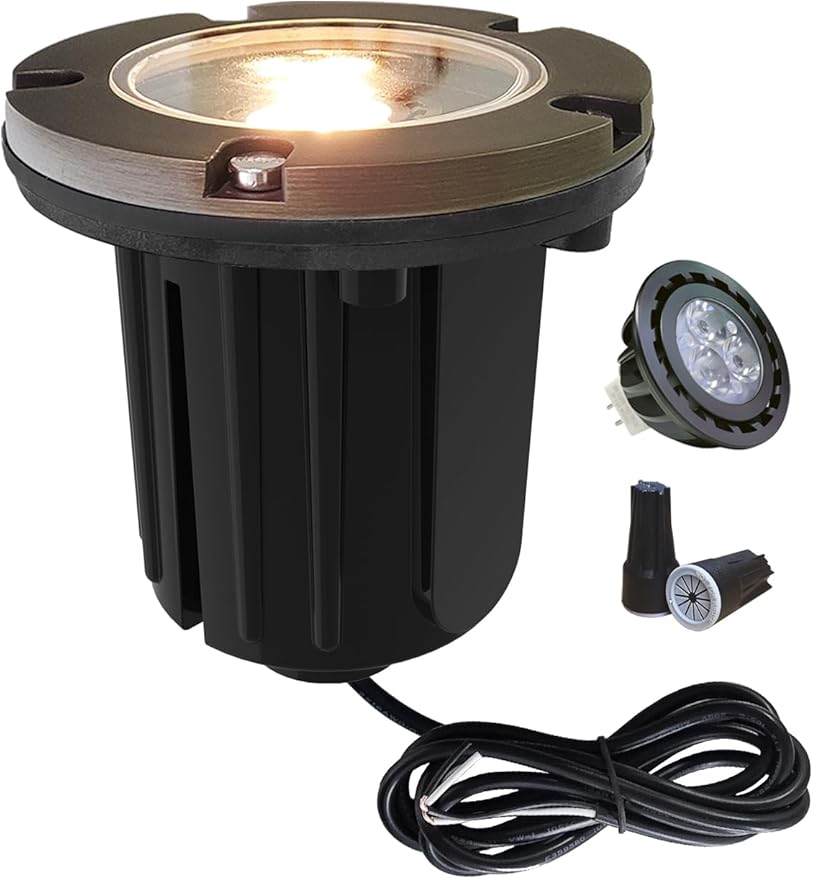 MALORY Low Voltage Landscape Lights, (4.6''H) Brass Top Cover 12V Outdoor In Ground Lights, LED Landscape Well Lighting for Pathway, Driveway, Deck Step and Garden 1 Pack with MR16 Bulb (Flat Top)
