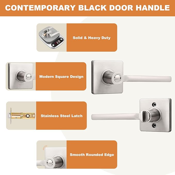 Probrico Privacy Door Handle Interior Heavy Duty Square Brushed Nickel Door Knobs for Bedroom Bathroom Reversible Keyless Door Lever Satin Nickel, 10 Pack