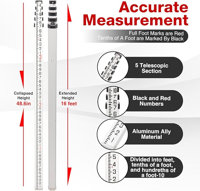 16-Foot Aluminum Grade Rod - 10ths Double-Sided Scale, 5-Section Telescopic Leveling Rod with Bubble Level & Carrying Case for Surveying, Laser Alignment, Walls, Floors