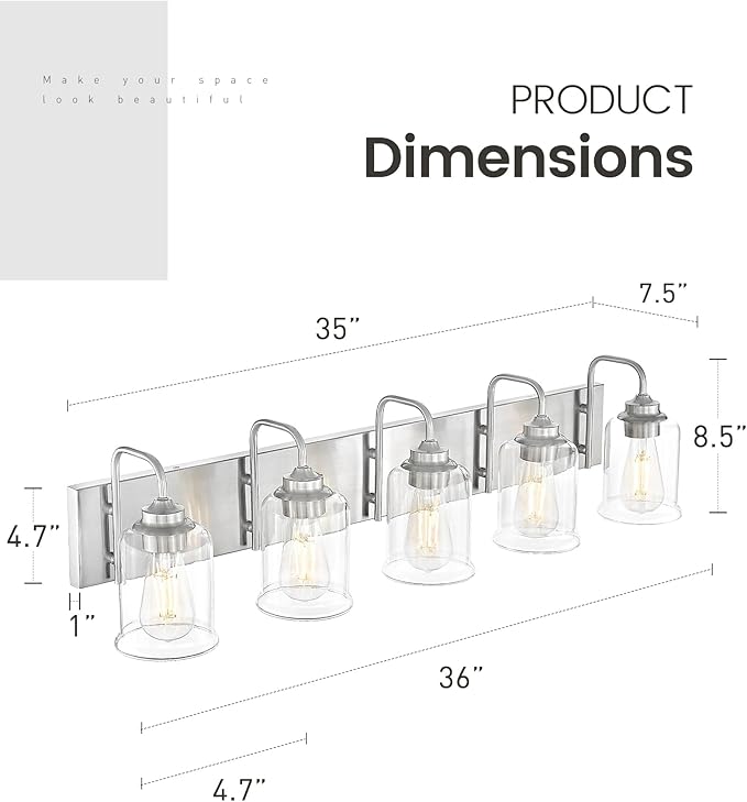 zeyu 36 Inch Farmhouse Modern Bathroom Lighting Fixture, 5-Light Bathroom Vanity Light, Brushed Nickel Finish with Clear Glass Shade, ZSL72B-5W BN