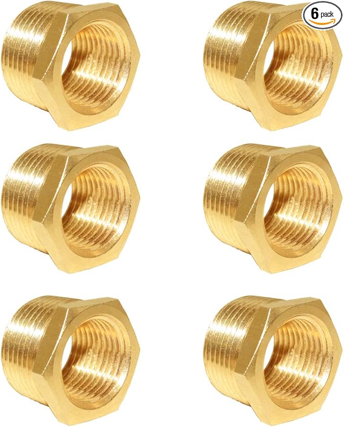 Hooshing 6PCS Brass Pipe Fitting Reducer Hex Bushing 3/4" NPT Male x 1/2" NPT Female Thread Reducer Hose Tube Atapter