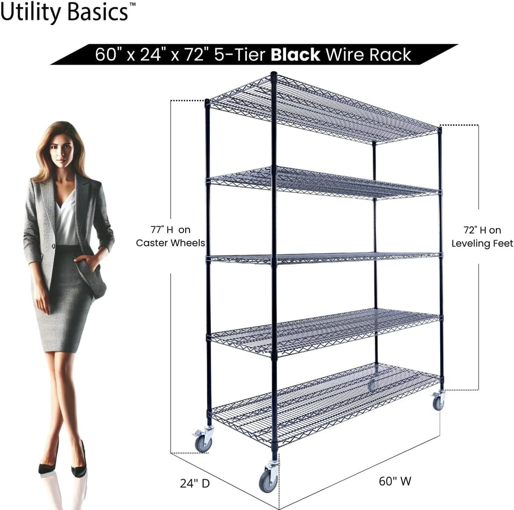 60"x24"x72" Black 5-Tier Premium Metal Wire Shelving NSF 4000 LBS MAX Capacity Heavy Duty Steel Storage Rack for Warehouse, Garage, Hospital, Commercial Space & School w/Premium Wheels
