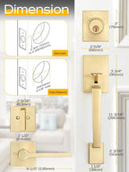 EHOMEWARE Gold Front Door Handle Set, Brass Heavy Duty Square Door Lever & Single Cylinder Deadbolt Combo Reversible for Entrance Exterior Doors 2 Sets