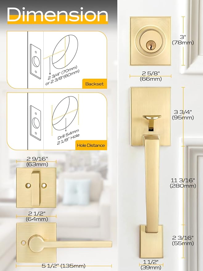 EHOMEWARE Gold Front Door Handle Set, Brass Heavy Duty Square Door Lever & Single Cylinder Deadbolt Combo Reversible for Entrance Exterior Doors 2 Sets