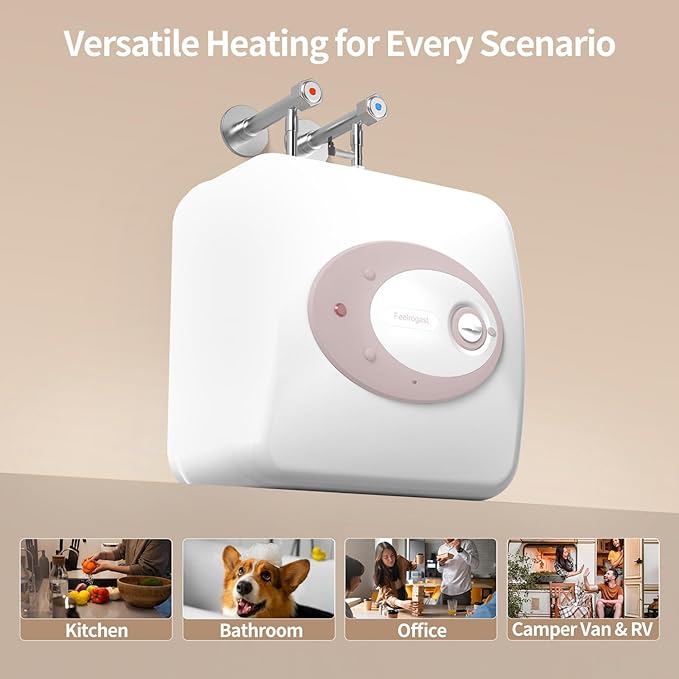 Electric Tank Water Heater-8 Gallon Under Sink Instant Hot Water for RV, Camper, Kitchen, Food Truck, 120V 1500W, Dusty Rose, Wall or Floor Mounted