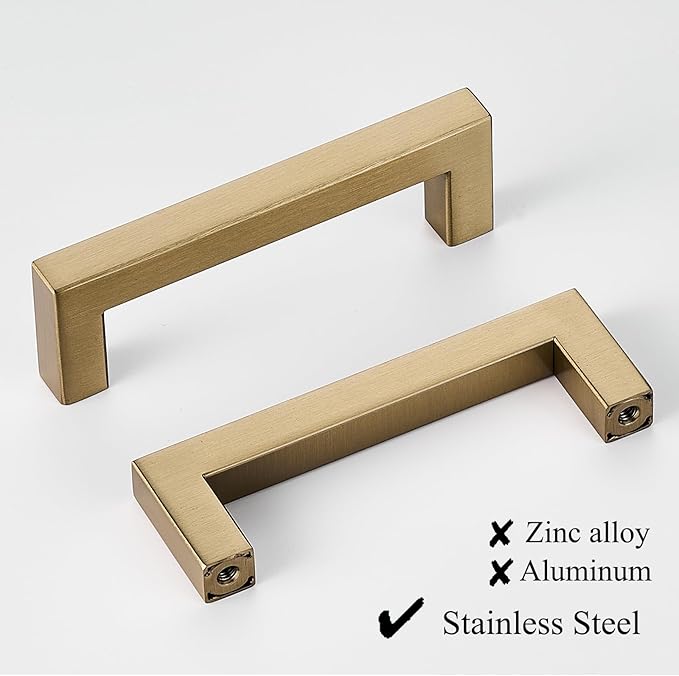 20 Pack Champagne Gold Cabinet Pulls 3 3/4 Inch(96mm) Hole Centers Square Champagne Bronze Dresser Pulls Bar Drawer Handles Stainless Steel Kitchen Cabinet Hardware Cupboard Handles