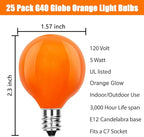 SUNSGNE G40 Orange Incandescent Replacement Light Bulbs, 25 Pack Globe Light Bulbs for E12 Outdoor String Lights, C7/E12 Candelabra Base, 5 Watt, Orange