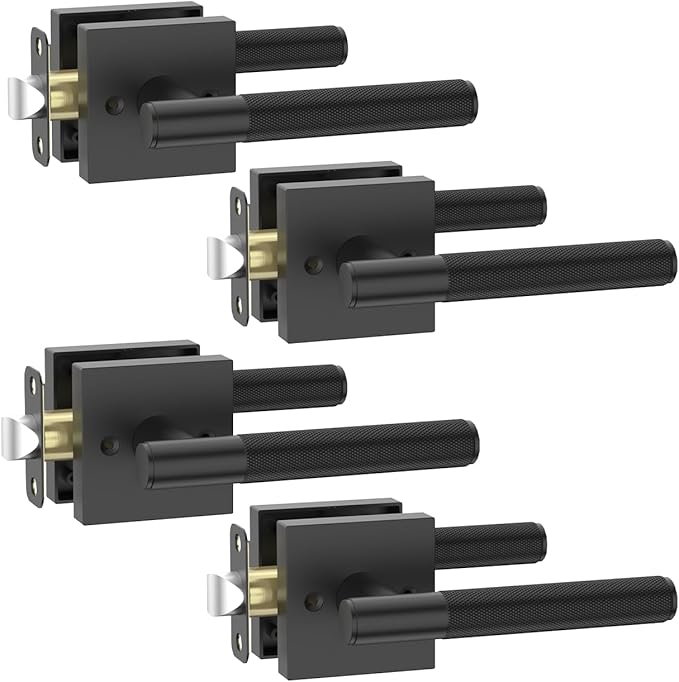 Asidrama 4 Pack Passage Matte Black Door Handles, Door Lever with Door Knobs Indoor for Bedroom or Bathroom, Matte Black Door Handles Interior with Locks for Left Right Sided Doors