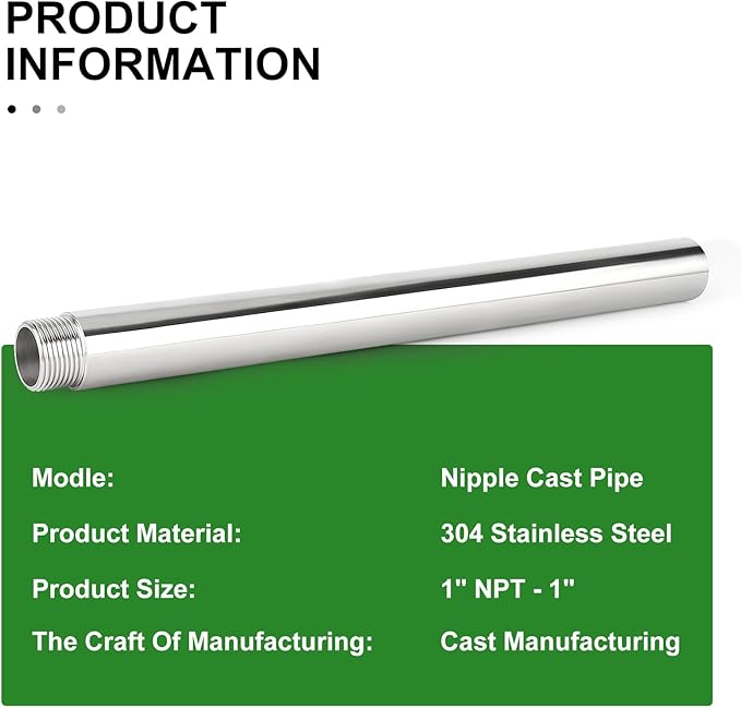 TAISHER 1PCS Stainless Steel Pipe Fittings, 1" NPT Male x 1" NPT Female Threaded, 16" Length Nipple Cast Pipe