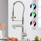 Smart Kitchen Faucet, 3 Modes Pull Down Sprayer, LED Temperature Control, Ceramic Valve,360-Degree Rotation,1 or 3 Hole Deck Plate, Double Spout. 10-Year Warranty. (KW-29SN, Brushed Nickel)