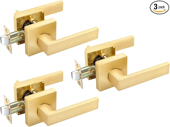 EHOMEWARE 3 Pack Passage Door Knob Set Interior Door Handles, Closet Door Levers in Satin Brass Finish, Hallway/Closet Door Lever Set Indoor Door Handle Set for Right/Left Handed Doors
