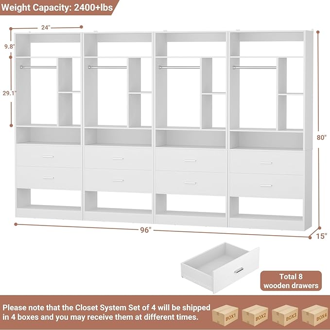 8FT Closet System with 8 Wood Drawers, 96" Closet Organizer System with 20+ Small Shelves & 2 Hanging Rods, Walk-in/Nursery Closet Systems, Set of 4, White (96" L x 15" W x 80" H)