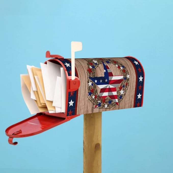 American Flag Star Patriotic Mailbox Cover Magnetic 4th of July Independence Day Standard Size 21 x 18 In Farmhouse Rustic Welcome Post Box Wrap Garden Yard Home Decor