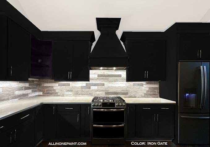 ALL-IN-ONE Paint, Durable cabinet and furniture paint. Built in primer and top coat, no sanding needed. Includes our 30 featured color card - Iron Gate (black), 8oz Sample