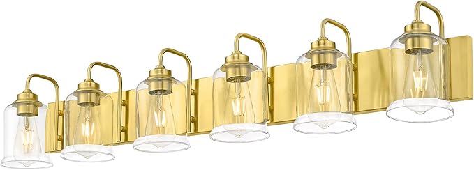 zeyu 44 Inch Brushed Gold Bathroom Light Fixtures, 6 Lights Vintage Wall Light, Modern Vanity Light with Clear Glass Shade, ZSL72B-6W BG