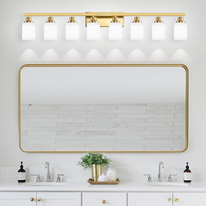 52inch Gold Bathroom Light Fixtures, Modern Bathroom Vanity Light with Milky White Glass Shade, Gold Wall Lamp Sconces for Mirror Bedroom, Living Room Hallway
