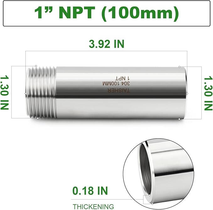 TAISHER 2PCS 304 Stainless Steel Pipe Fittings, 1" NPT Male Threaded, 4" Length Weld Nipple Cast Pipe