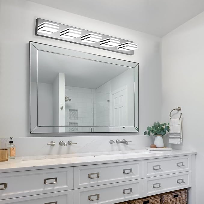 LED Vanity Lighting 30W Lights for Mirror 5 Light Bath Wall Lamps 34 Inch Bathroom Sink Lights over Vanity Modern Long Bath Lights Bars Chrome Wall Sconces Light for Bathroom Restroom 6000K