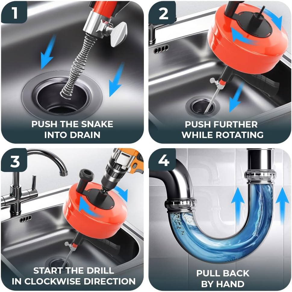 drain snake 2.0 [50 FT] - with drill attachment - Ideal plumbing snake for sink and drain unblocking - Solid drain auger for real DYIs! (50 FT - 1/4 inch)
