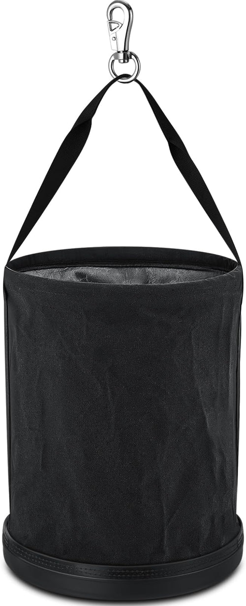 1 Pack Utility Canvas Tool Bucket 15 x 12 All Purpose Canvas Bucket Bag, Truck Tool Organizer with Plastic Bottom Metal Hook for Store Work Accessory, Load Capacity up to 150 Lbs (Black)