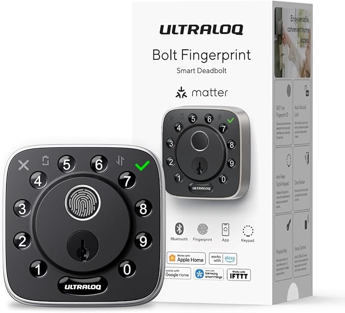 ULTRALOQ Bolt Fingerprint Smart Lock with Matter Over Thread, Works with Apple Home, Alexa, Google, SmartThings, Auto Lock Deadbolt, App Control, BHMA Certified, Easy Install, 1Year Battery