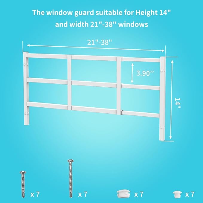 Fixed Window Safety Guard 14”x 38” *2 Pack Adjustable Width Prevents Accidental Falls, Non-Egress, Tamper Resistant Screws Included, White