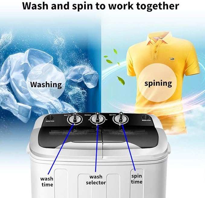 Clothes Washing Machines,SAFEPLUS Compact Mini Twin Tub Versatile Washer Machine with 8 lbs Washing &5 lbs Spin Dryer Load Cappacity Gravity Drain Pump and Drain Hose for Apartment Black