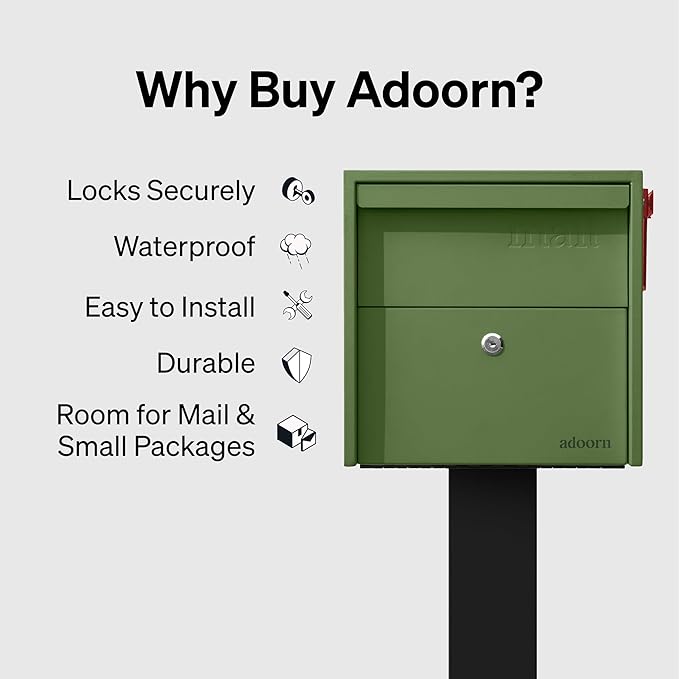 Adoorn Lockable Post Mount Mailbox | Small (Green). Size 12 x 12 x 18.5 (HxWxD) Anti-Theft Locking Mailbox with 2 Keys, Modern Mailbox with Flag, Weatherproof Mailboxes for Outside