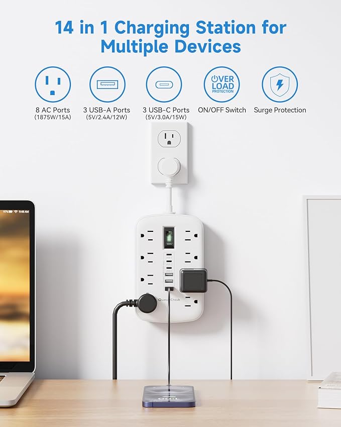Short Extension Cord 2 inch, Small Power Strip Flat Outlet Extender Surge Protector with 8 AC Outlets 6 USB (5V/4.8A 24W), Mini Extension Cord Flat Wall Plug for Home Office Dorm Kitchen Bathroom