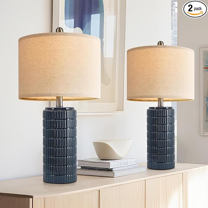 PoKat 24" Modern Ceramic Table Lamps Set of 2 for Bedroom, Blue Bedside Lamps for Night Stands, Farmhouse Desk Decor Nightstand Table Lamps for Living Room End Table Dark Blue