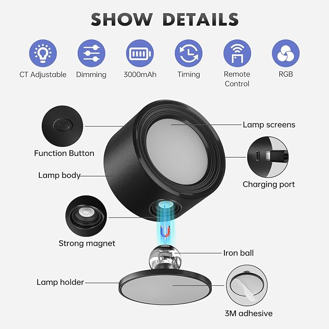 RGB Ambience Wall Sconces Lamp, 2Pcs LED Wall Mounted Lights with 3000mAh Rechargeable Battery, 3 Color Temperatures & Dimmable Magnetic 360° Rotation with Remote, Wall Light for Reading Bedside