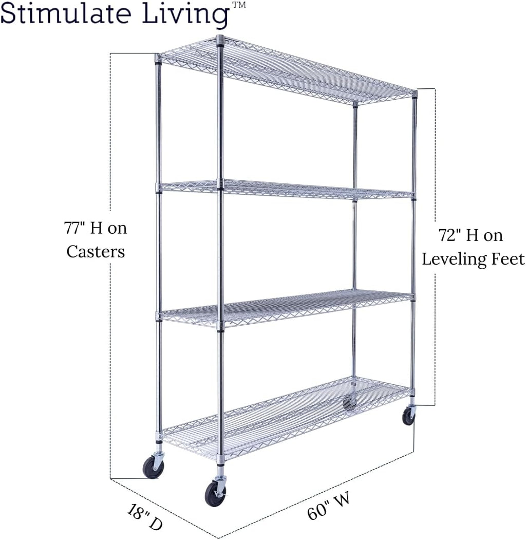 60"x18"x72" Prime Heavy Duty Chrome 4-Tier Wire Shelving NSF 3200 LBS MAX Capacity Storage Rack for Commercial, Hospital, School, Garage, and Kitchen Uses (with Wheels)
