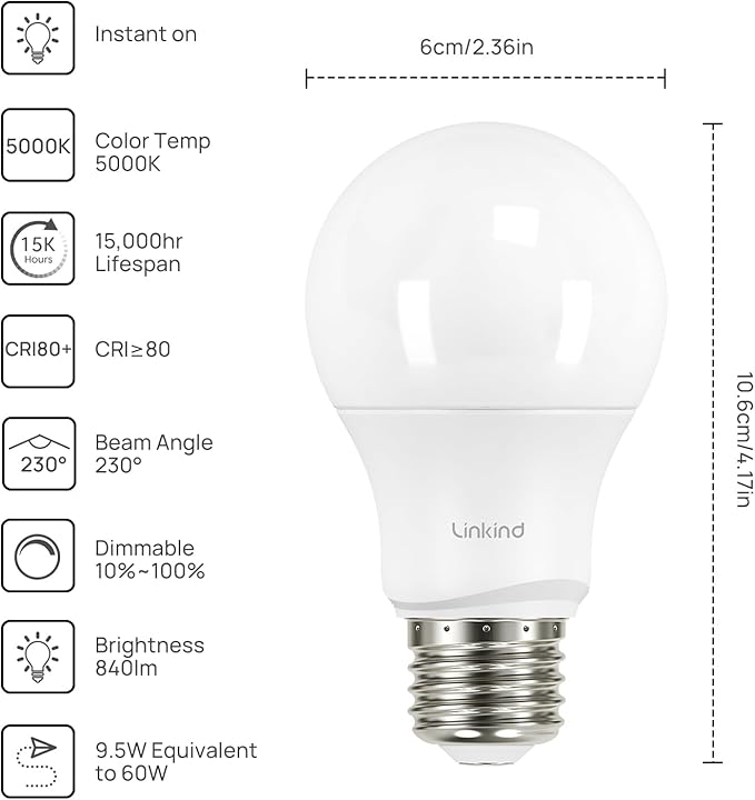 Linkind A19 LED Light Bulbs Dimmable, 60W Equivalent Light Bulbs, 9W, 5000K Daylight, 840 Lumens LED Bulbs, E26 Standard Base, 120V, Lighting for Bedroom Living Room Home Office, 6 Packs