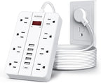 10 Ft Long Extension Cord,Power Strip Surge Protector HUNIAN Flat Plug with 8 Widely Spaced Outlets 6 USB(1 USB C Port), Wall Mount Charging Station for Home and Office,White