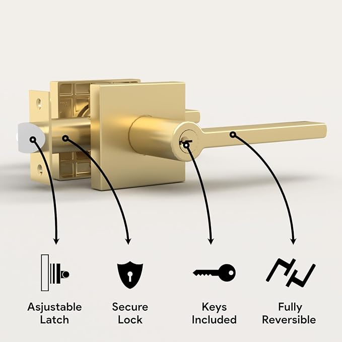 Mega Handles - Prime Entrance Handle, Entry Lever Door Handle, Heavy Duty Square Locking Lever Set for Left or Right-Handed Doors, Interior/Exterior Door Levers - Satin Brass