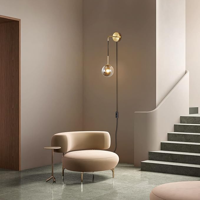 KCO Modern Globe Wall Sconce with Plug in Industrial Vintage Wall Lamp On/Off Switch Adjustable Minimalist 1-Light Mounted Reading Lamps for Bedroom Living Room Corridor(Smoke Gray & 2-Pack)