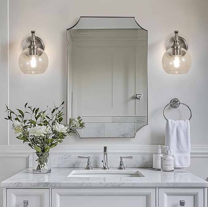 ANDY STAR Brushed Nickel Bathroom Light Fixtures, 1-Light Vanity Lights, Modern Bathroom Wall Sconces Lighting with Globe Clear Glass Shade Up or Down Wall Mounted for Kitchen, Living Room, Hallway