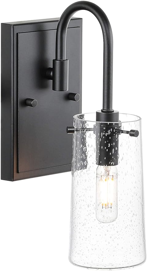 XiNBEi Lighting Wall Sconce, Industrial 1 Light Vanity Sconce Light Seeded Glass Bathroom Wall Light Matte Black Finish XB-W1283-1-MB