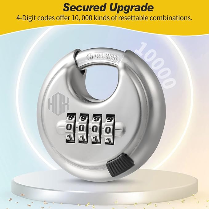 HOX Combination Lock, 4 Digit Disc Padlock with 3/8 Inch Hardened Steel Shackle, 2-3/4 Inch Wide Body, Keyless Heavy Duty Combo Lock for Hasp Latch, Sheds, Fences, Storage Locker (4 Pack)