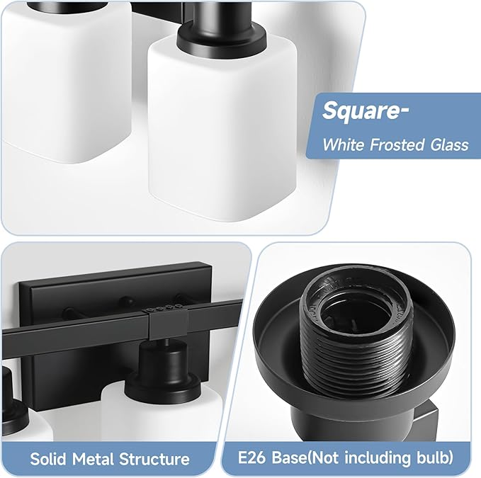 5-Light Bathroom Vanity Light, Modern Matte Black Bathroom Light Fixtures with Square Frosted Glass, Wall Sconces fixtures Over Mirror Restroom,Living Room Hallway E26