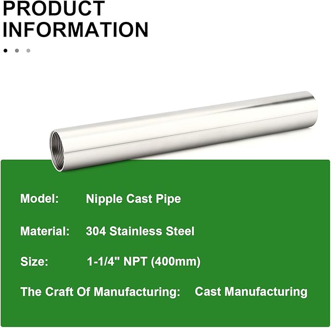 TAISHER 1PCS Stainless Steel Pipe Fittings, 1-1/4" NPT Female x 1-1/4" NPT Female Threaded, 16" Length Nipple Cast Pipe