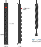 HHSOET 8 Outlet Metal Wall Mount Power Strip, Mountable Outlet with Switch, Heavy Duty Wide Spaced Surge Protector, 10 FT SJT 14AWG Black Spring Cord.