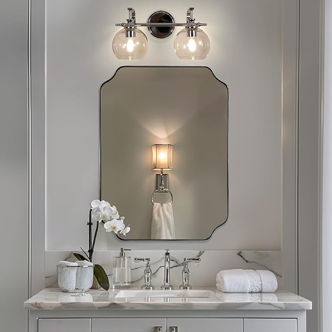 ANDY STAR Chrome Bathroom Light Fixture, 2-Light Modern Vanity Lights, Modern Wall Sconce with Clear Globe Glass Shades, Industrial Wall Lamp with Curved Arm for Bathroom, Powder Room, Over a Mirror