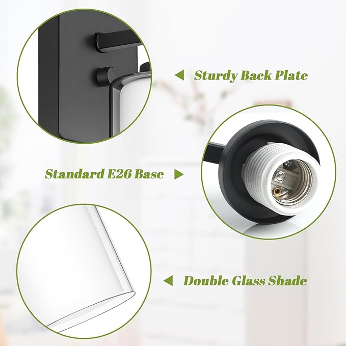 Set of 2 Wall Sconces for Bathroom, Modern Vanity Light Fixtures, Matte Black Wall Mount Lighting Lanterns, Farmhouse Wall Lights with Double Clear Glass Shade for Bedroom Living Room Mirror Hallway