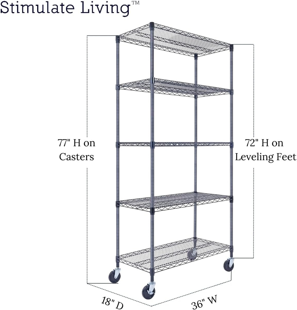 36"x18"x72" Prime Heavy Duty Black 5-Tier Wire Shelving NSF 4000 LBS MAX Capacity Storage Rack for Commercial, Hospital, School, Garage, and Kitchen Uses (with Wheels)