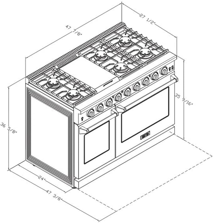 48 inch Pro-Style Natural Gas Range or Liquid Propane Gas Range with 6 Burners & 1 Griddle Cooktop, Double 4.6 cu. ft. and 2.2 cu. ft. Oven, in Stainless Steel - KOS-48RG03M (Red)