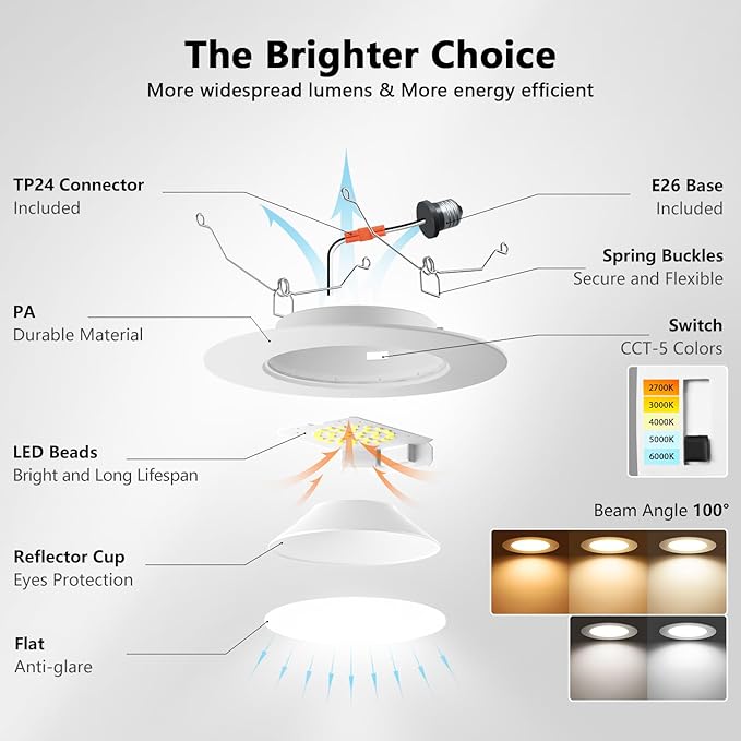 LVWIT LED Recessed Light 6Inch, Can Lighting Color Selectable 2700/3000/4000/5000/6000K 5CCT, 10W(120W Equivalent) Dimmable Downlight with E26 Conversion Kit, Retro Fit Ceiling Light Fixtures, 12 Pack